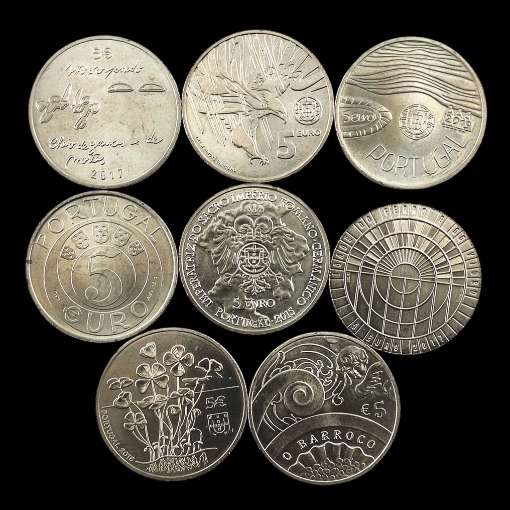 Portugali. 5 Euros 2015/2019, 8 x Circulating Commemorative Coins (Ei pohjahintaa) #1.0