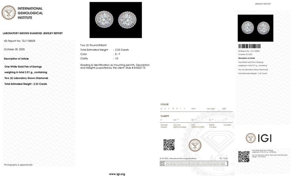 Drop fülbevaló - 14 kt. Fehér arany -  2.53ct. tw. Gyémánt (Laboratóriumban előállított) #4.3