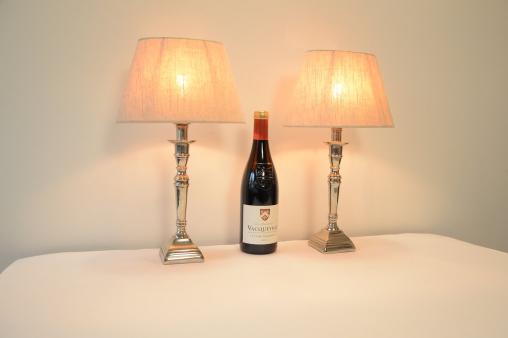 Light Makers - Επιτραπέζιο φωτιστικό (2) - Ζεύγος επιτραπέζιων λαμπών σε στιλ αυτοκρατορίας. - Επιχρωμιωμένο, Μέταλλο, Λινό #2.1