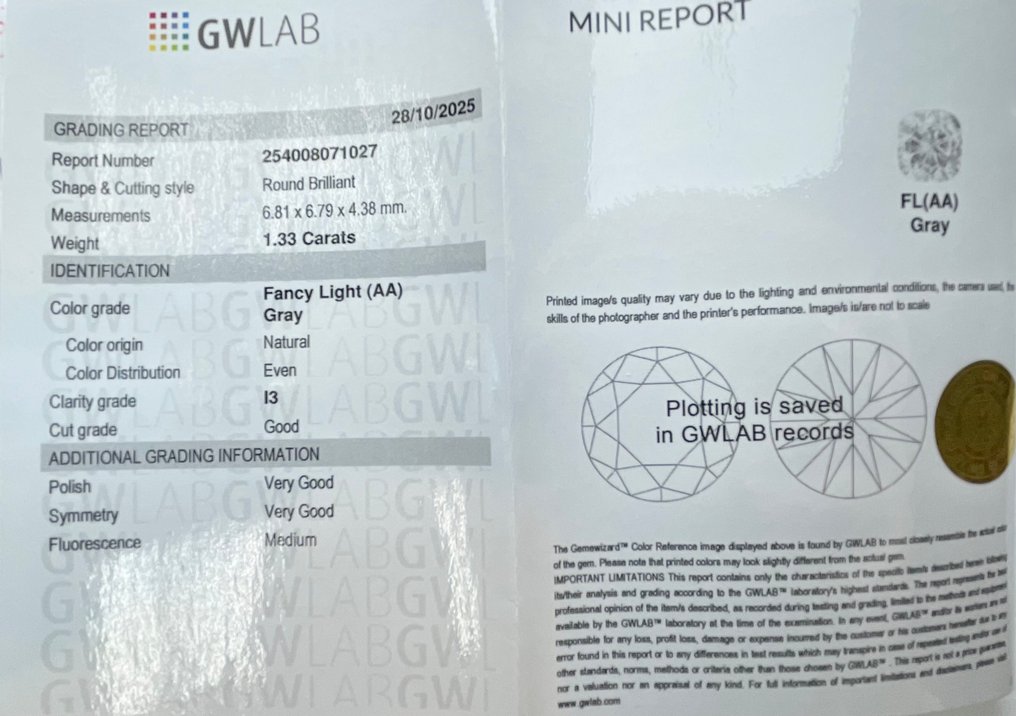 No Reserve Price - 1 pcs Diamond  (Natural coloured)  - 1.33 ct - Round - Fancy light Grey - I3 - Gemewizard Gemological Laboratory (GWLab) #2.1