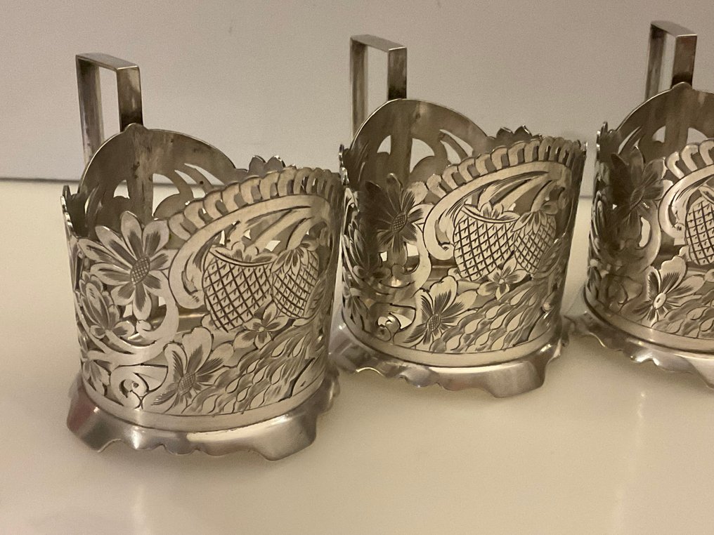 茶杯套装 (5) - Solid Silver Hand Crafted Middle Eastern Pierced Tea Glass Cup Holders ( 5 ) - 纯银87（84佐洛特尼基） #1.0