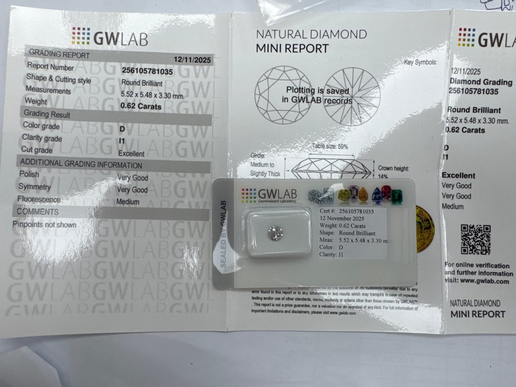 No reserve price - 1 pcs Diamond  (Natural)  - 0.62 ct - Round - D (colourless) - I1 - Gemewizard Gemological Laboratory (GWLab) #2.1