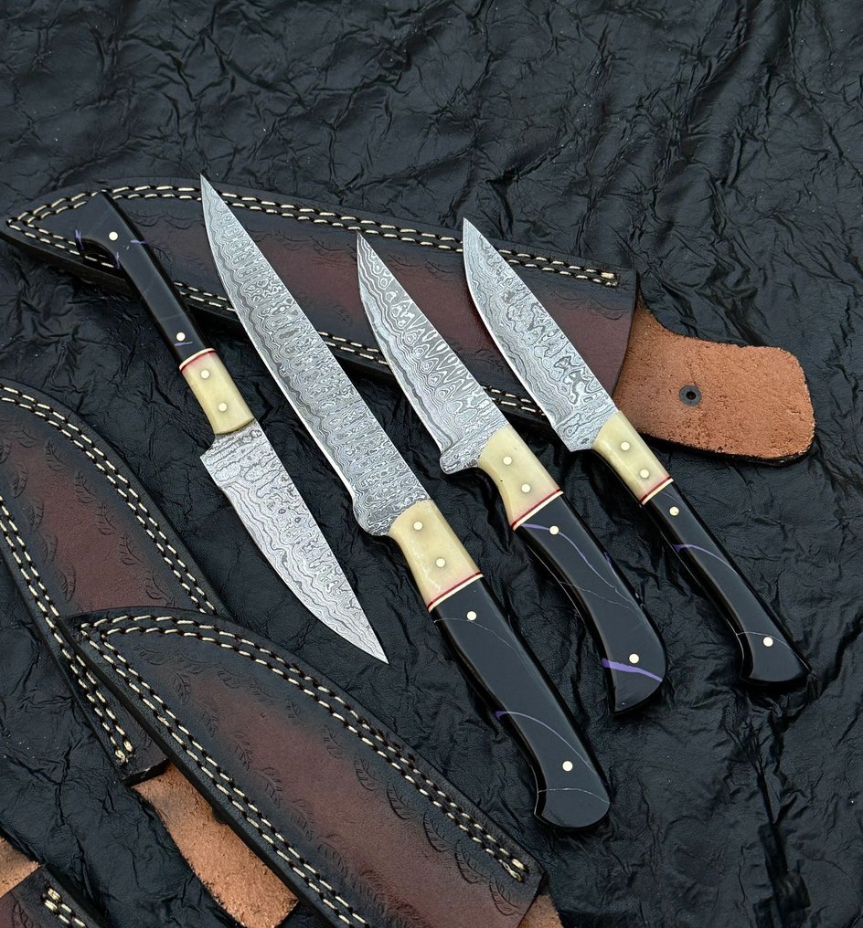 厨刀 - 厨房刀具 - 手工刀片,4件套大马士革梯形锻造刀,Risen手柄。 - 木头 - 亚洲 #2.1