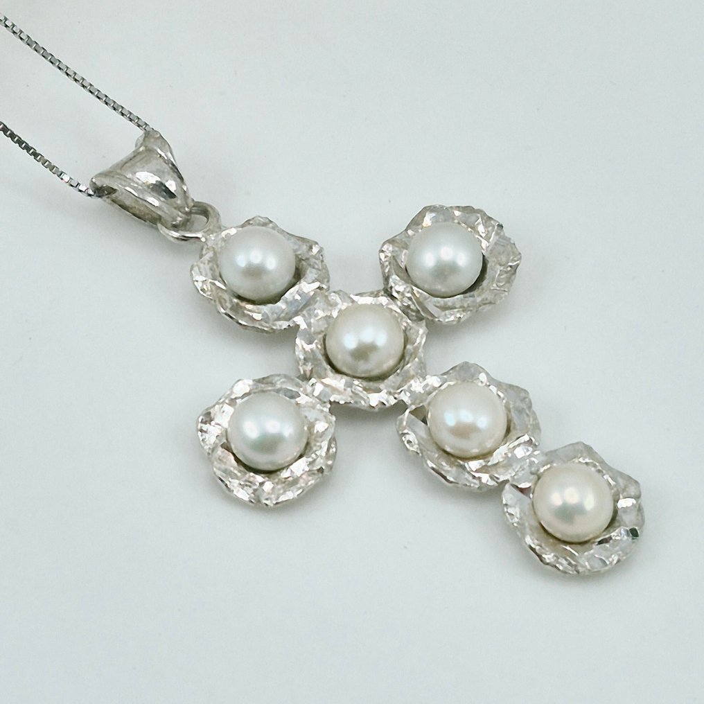 Prata - Colar com pingente - CROCE ARGENTO E PERLE #1.0