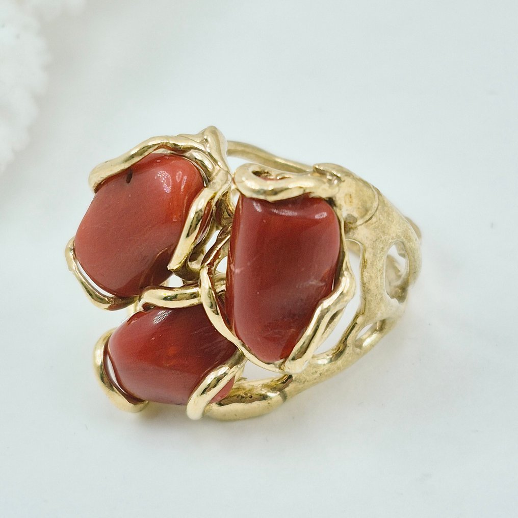 Κοράλλι αίματος - Ασημί, Gold-plated - Δαχτυλίδι - CORALLO MEDITERRANEO #2.1