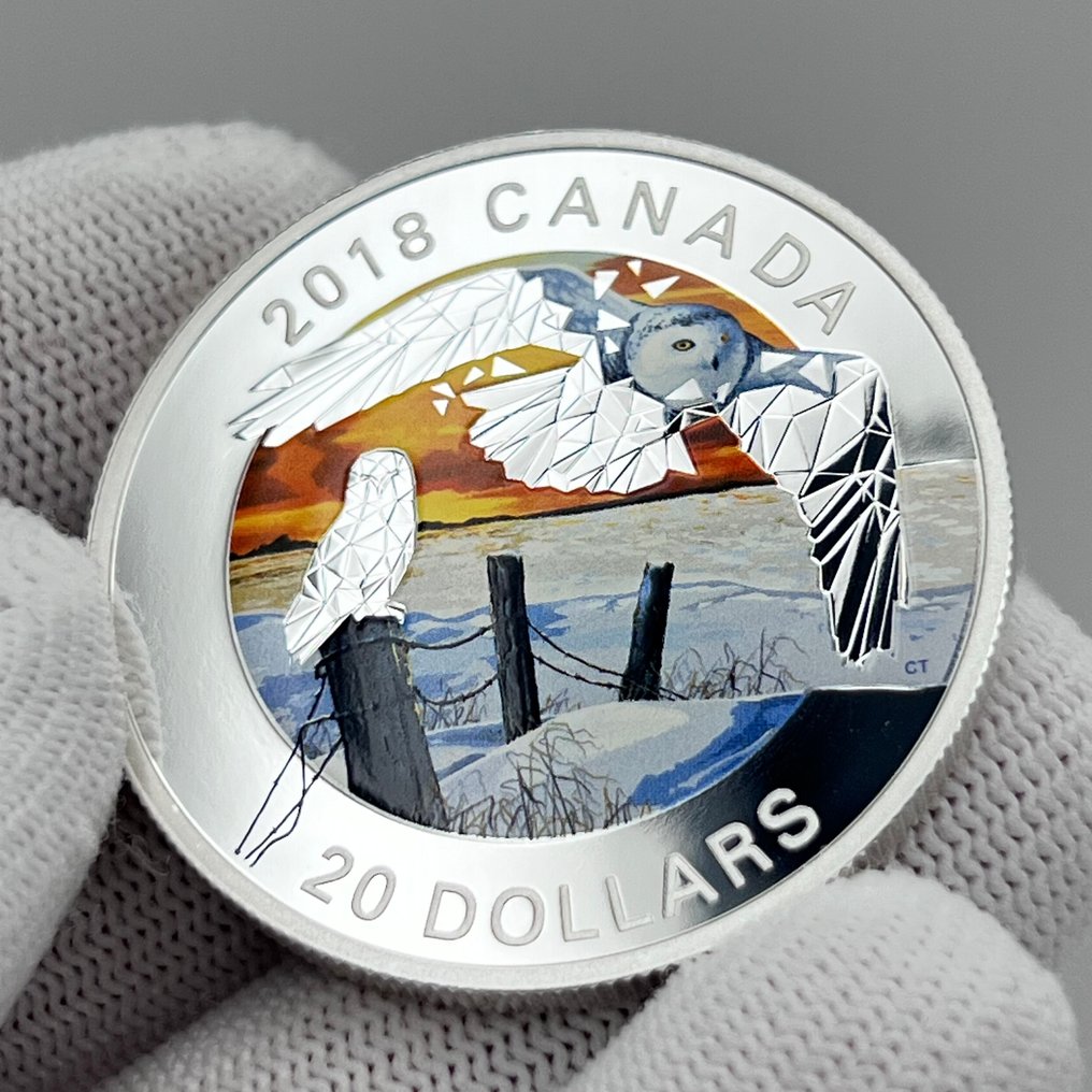 Καναδάς. 20 Dollars 2018 – Geometric Fauna – Snowy Owls – 1 oz Silver Coin – .9999 – Colorized – Proof #3.2