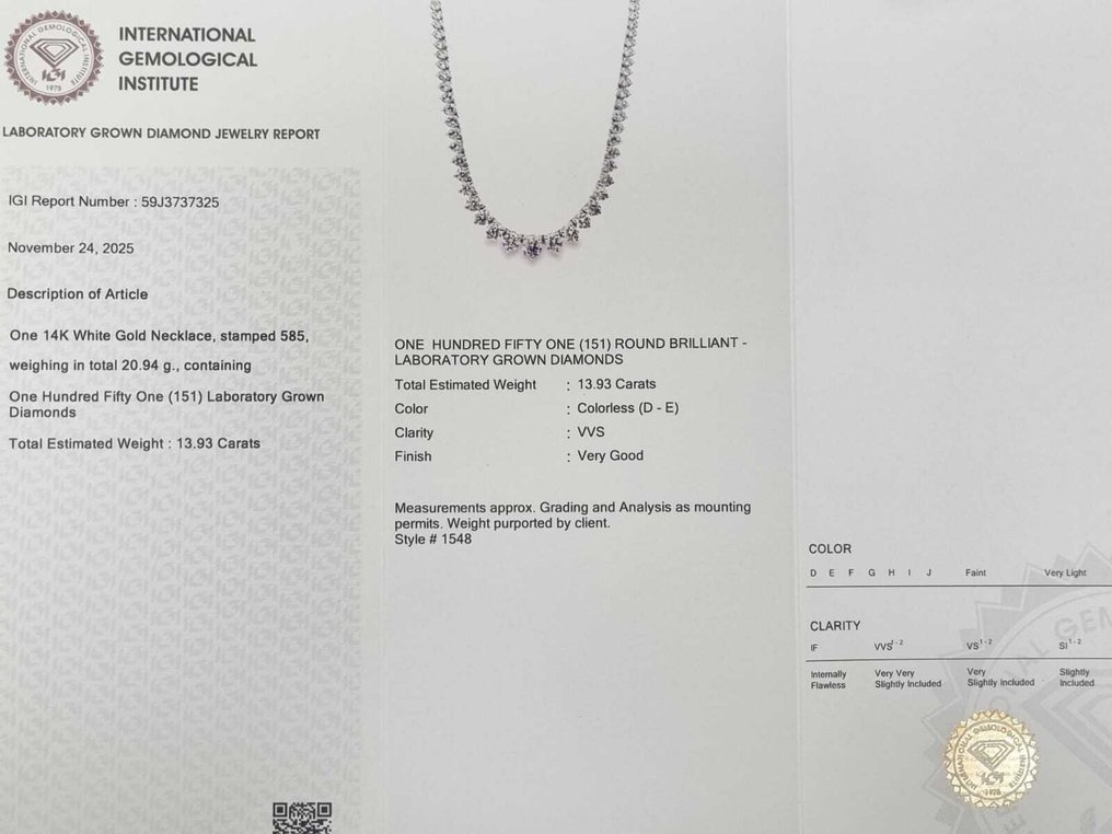 项链 - 14K包金 白金 -  13.93ct. tw. 钻石 (实验室培育) #4.3