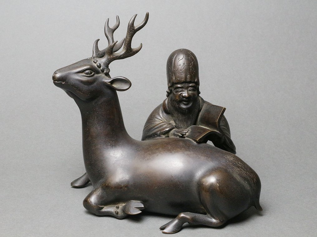 Jurojin with a Deer – God of Longevity - 雕塑 金属 - 日本 #1.0