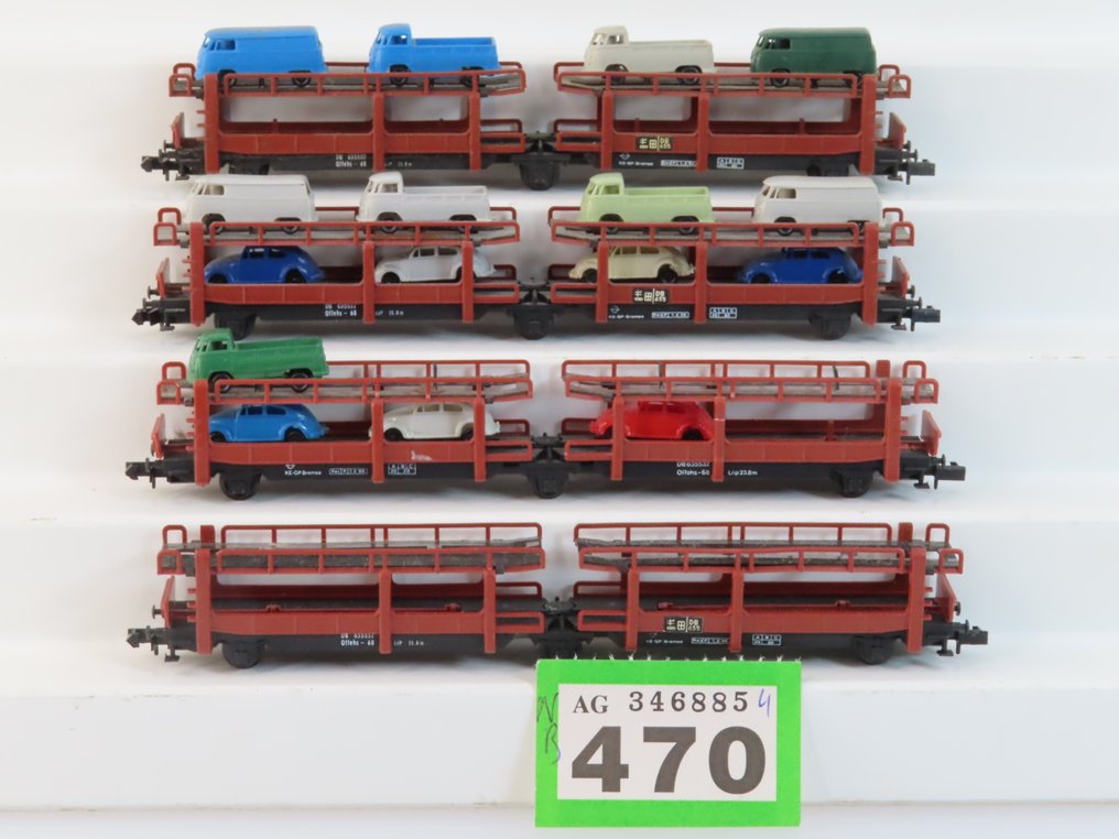 Arnold N - 4990 - Model train freight carriage (4) - Two-part auto transport wagons partially loaded with Volkswagen buses/beetles. - DB #1.0