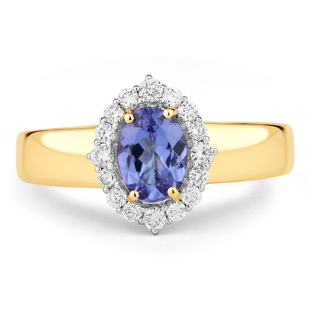 戒指 - 14K包金 黄金 -  0.99ct. tw. 坦桑石 - 钻石 #2.1