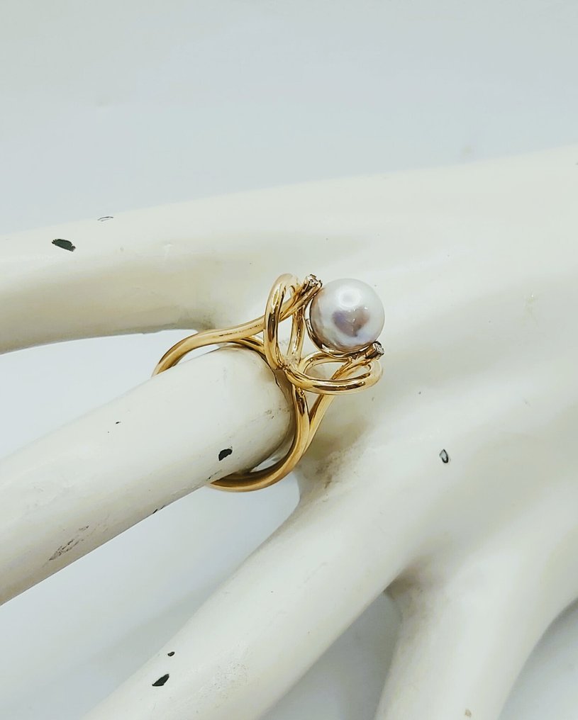 Δαχτυλίδι - 19,2 kt. Κίτρινο χρυσό Μαργαριτάρι - Διαμάντι #3.2