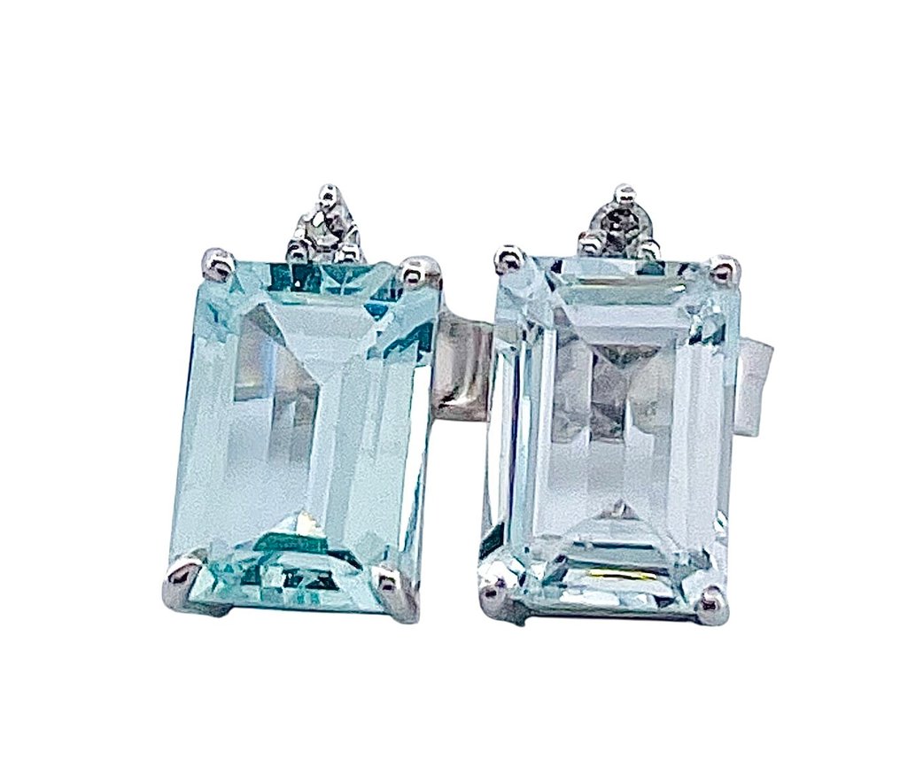 没有保留价 - 耳环 - 18K包金 白金 海蓝宝石 - 钻石 #1.0