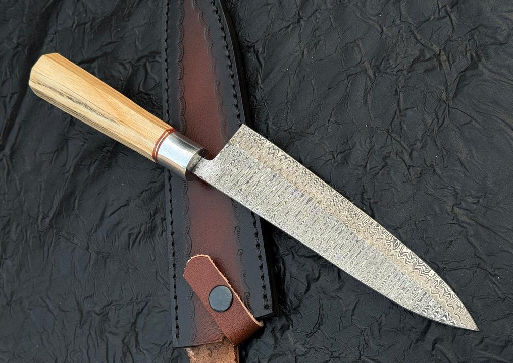 厨刀 -  厨房刀具 - 大马士革梯子，厨师刀银色保护器，配ASH木柄 - 亚洲 - 木头 - 亚洲 #2.1