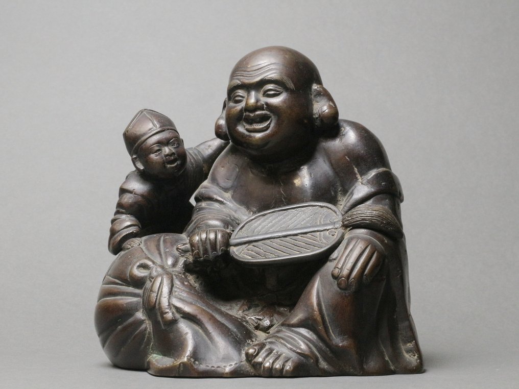 Laughing Buddha with Child - 雕塑 金属 - 日本 #1.0