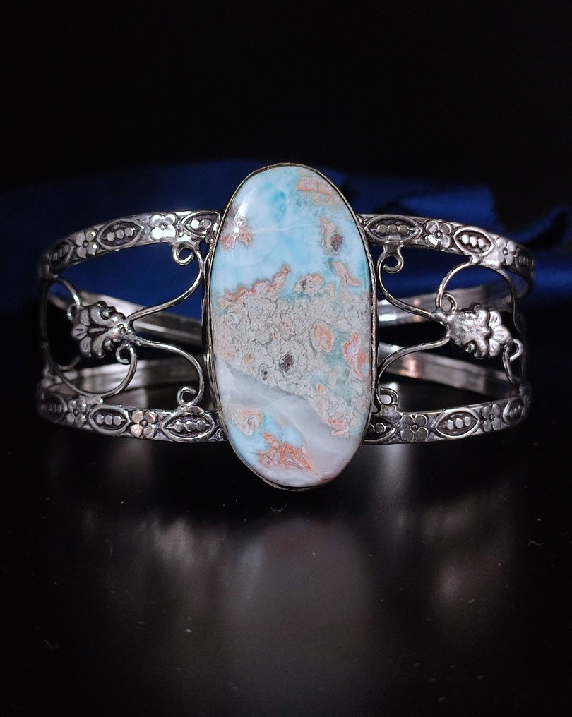 无底价,非常美丽的天然蓝色海洋拉利玛尔925银手链 - 手鈪 #2.1