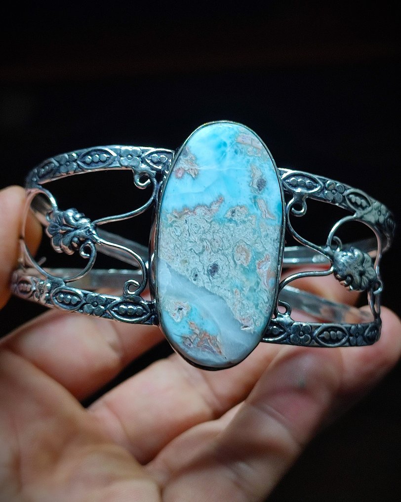 无底价,非常美丽的天然蓝色海洋拉利玛尔925银手链 - 手鈪 #1.0