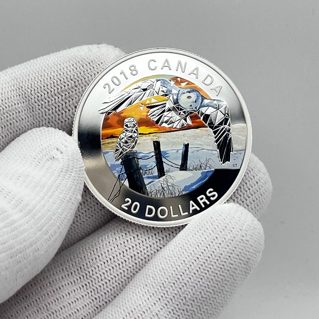 Καναδάς. 20 Dollars 2018 – Geometric Fauna – Snowy Owls – 1 oz Silver Coin – .9999 – Colorized – Proof #1.0