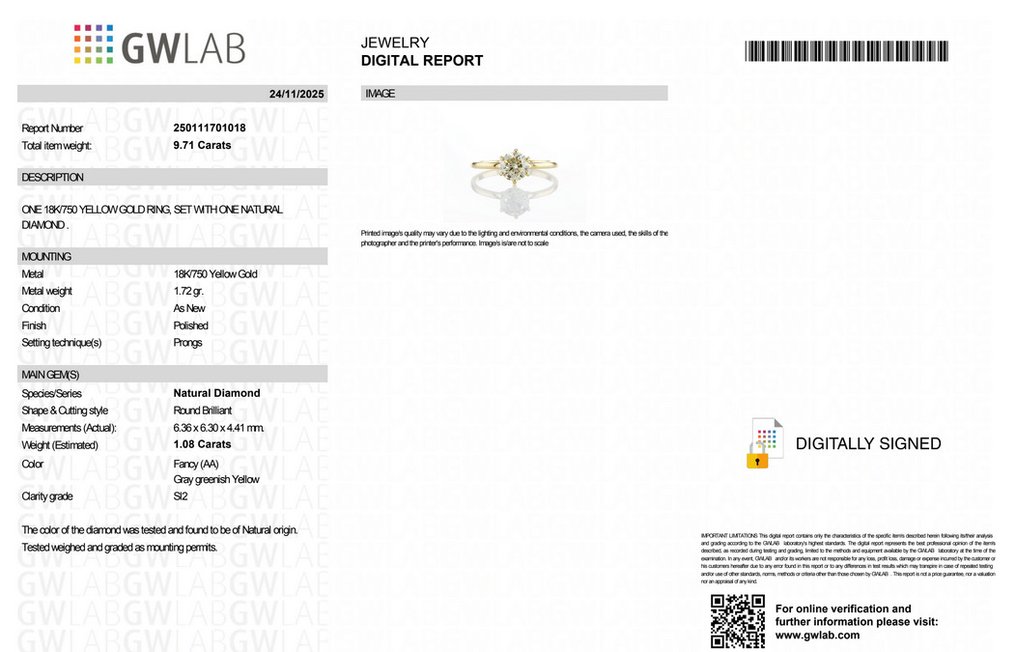 χωρίς τιμή ασφαλείας - Δαχτυλίδι - 14 καράτια Κίτρινο χρυσό -  1.08ct. tw. Διαμάντι (Φυσικού χρώματος) - GWLab #2.1