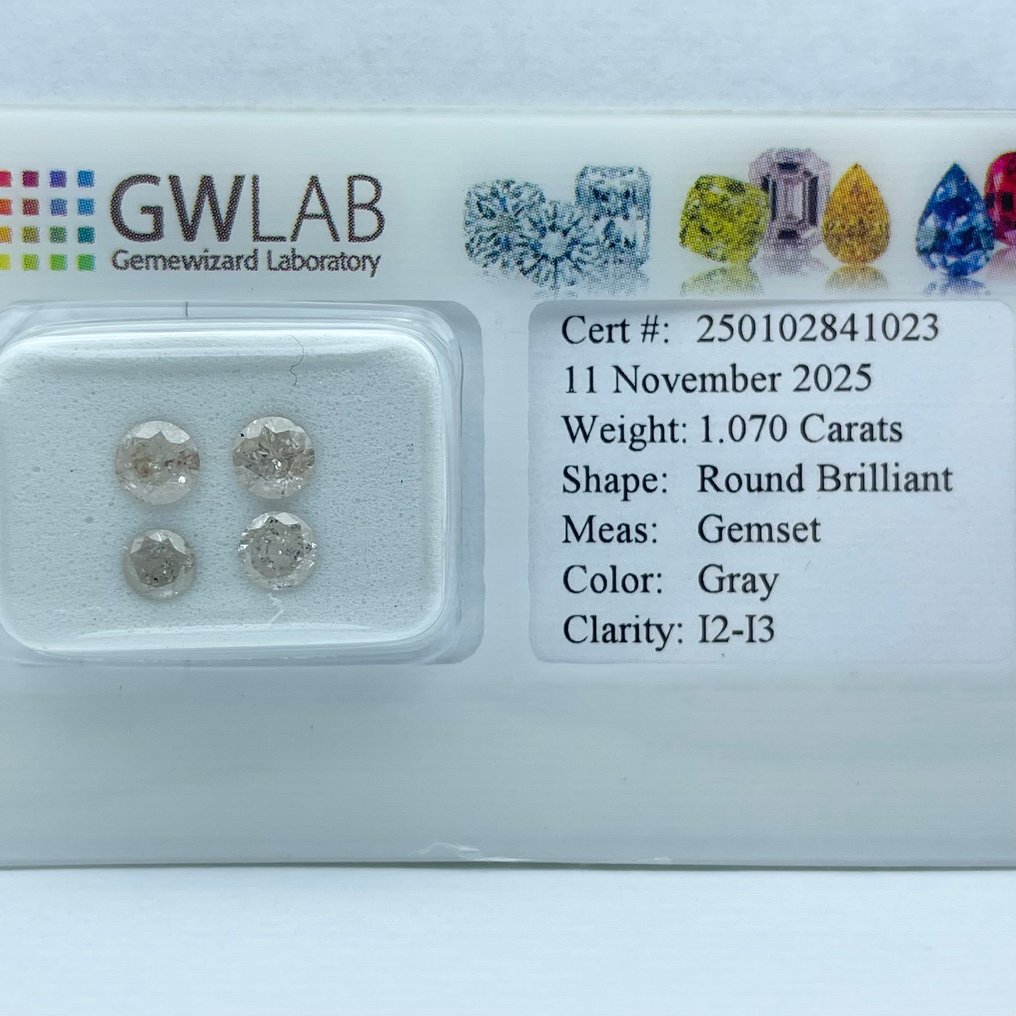 Sem preço de reserva - 4 pcs Diamante (Colorido natural) - 1.07 ct - Redondo Cinzento - I2, I3 - Gemewizard Gemological Laboratory (GWLab) #1.0