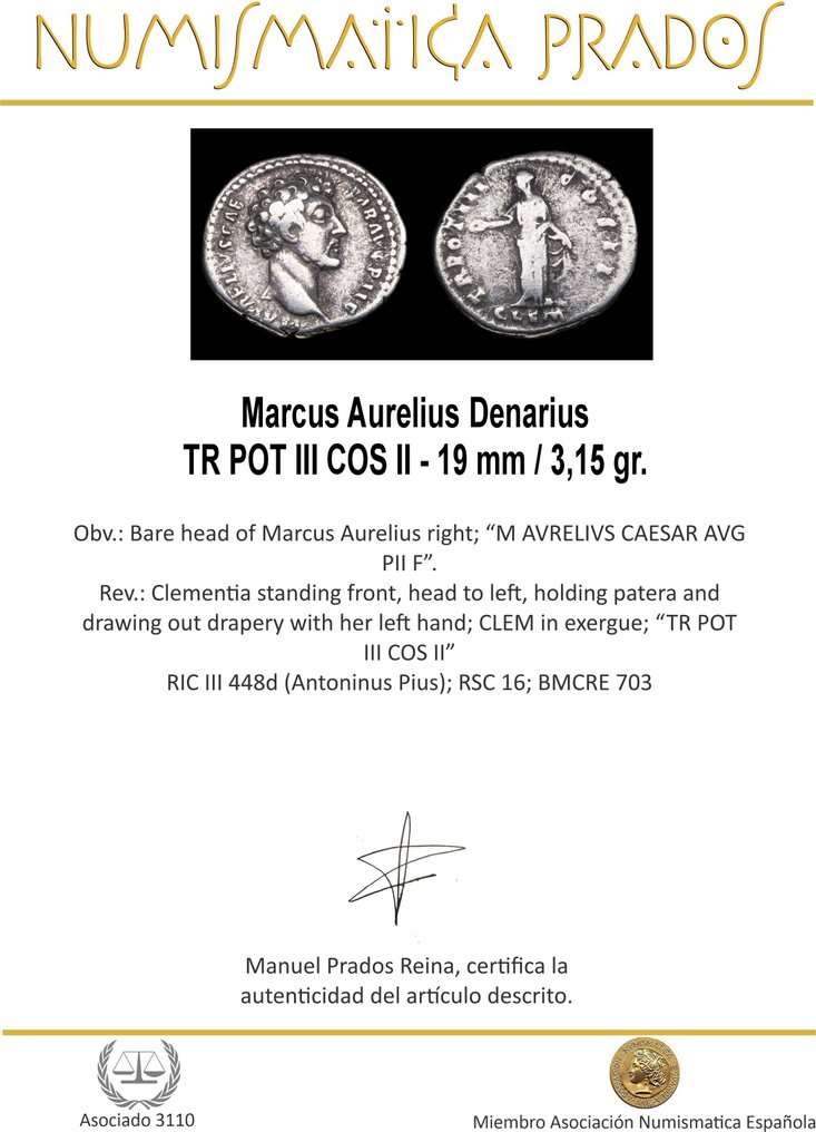 Roman Empire. Marcus Aurelius (AD 161-180). Denarius TR POT III COS II  (No Reserve Price) #1.0