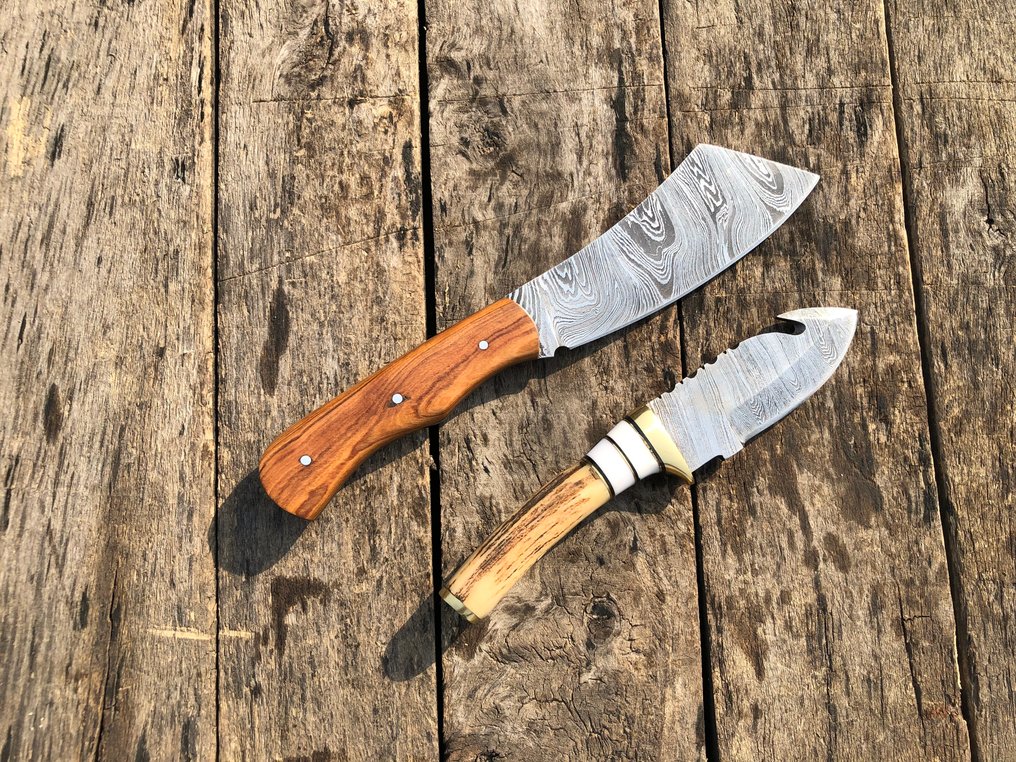 Μαχαίρι κουζίνας - Διακεκριμένα χειροποίητα μαχαίρια Skinners, σφυρηλατημένο ατσάλι, κέρατο ελάφου και σπάνιο - Βόρεια Αμερική - Δερμάτινη Θήκη A60 #1.0