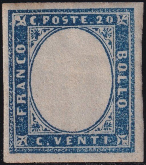 Italian Ancient States - Sardinia 1861 - IV^ Light blue Em. 20 c. I^ Table. Not finished without head Sass 15D VAR intact MNH** Spl #1.0