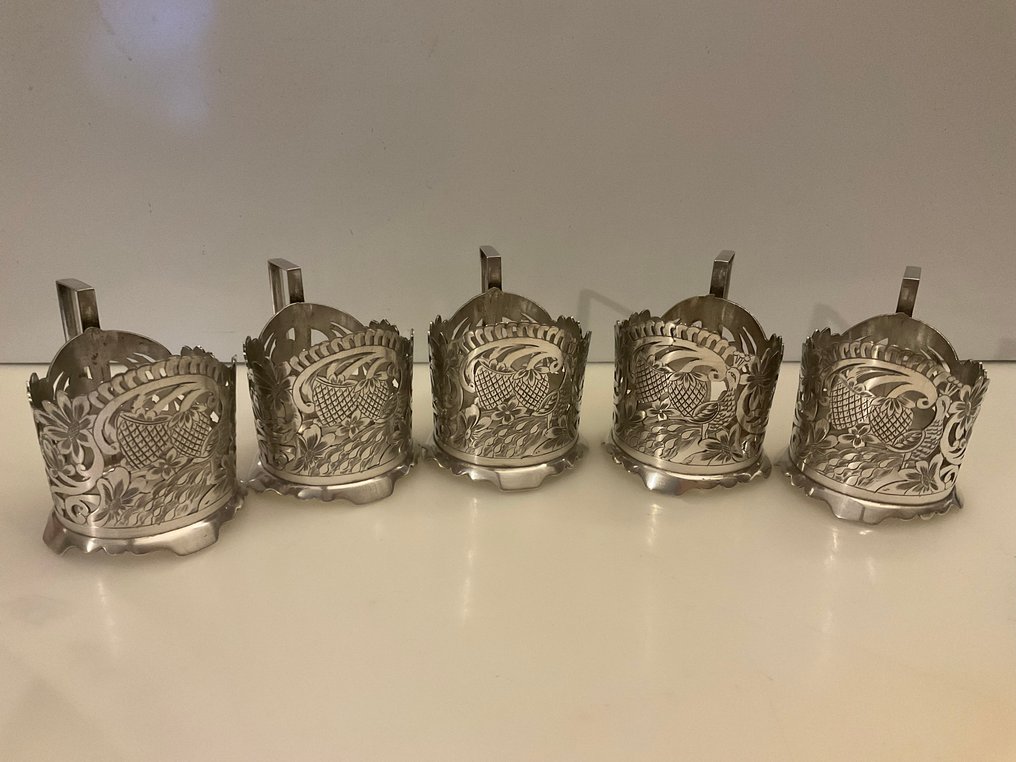 茶杯套装 (5) - Solid Silver Hand Crafted Middle Eastern Pierced Tea Glass Cup Holders ( 5 ) - 纯银87（84佐洛特尼基） #1.0