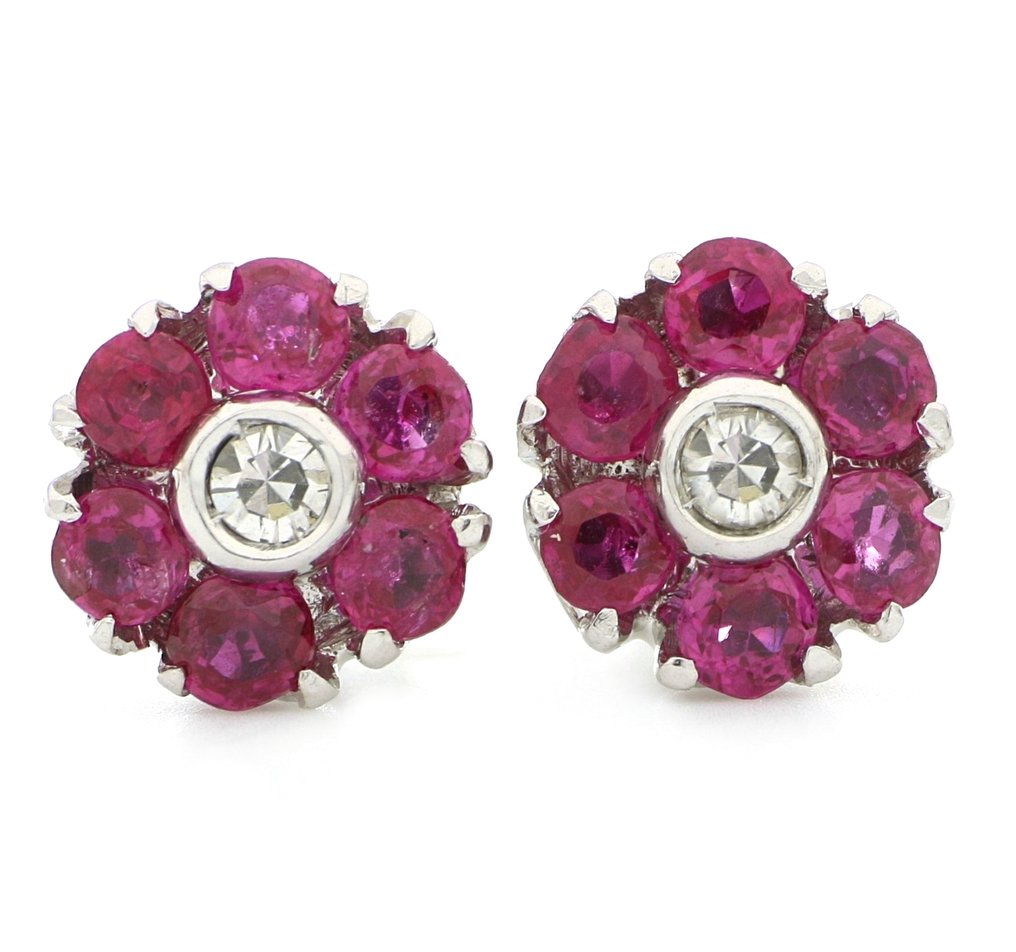 沒有保留價 - 耳環 - 18 克拉 白金 - 0.82ct. tw. 鉆石 (天然) - 紅寶石 #1.0