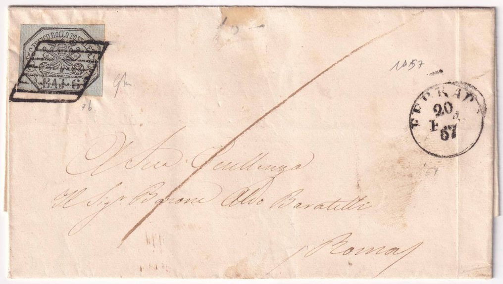 意大利古國－教宗國 1857 - 2023年2月6日，Sass 7b，已在来自Ferrara寄往Roma的最新信件上做了标记，Ex Coll. Imperato，精彩。 #1.0
