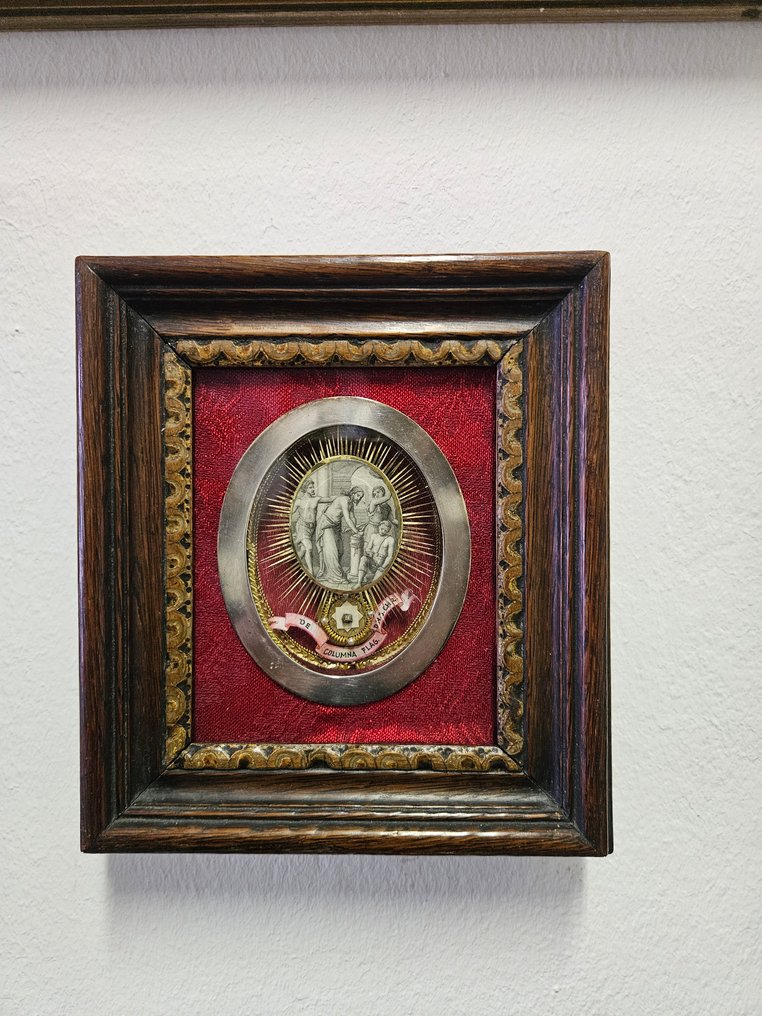 Antikvitet Relikvieskrin - Glass, Forsølvet, Tekstil - 1850-1900 - Kristi piskingssøyle  #1.0