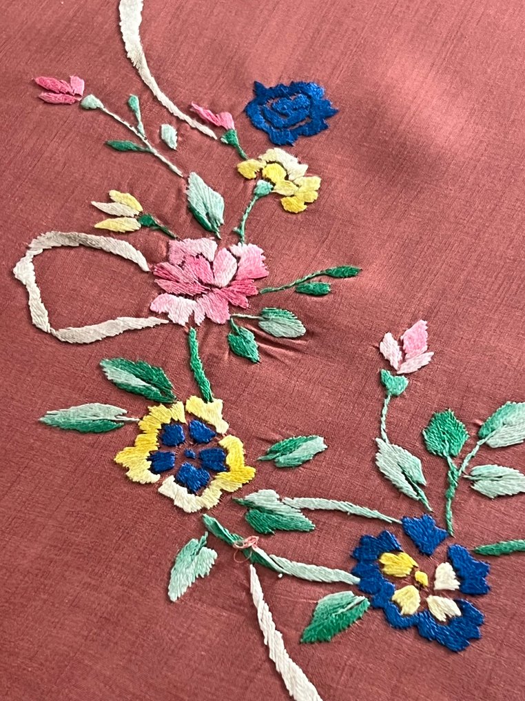 Coral-colored linen tablecloth, 16 matching napkins, beautiful handcrafted work. - Tablecloth - 240 cm - 180 cm #3.2