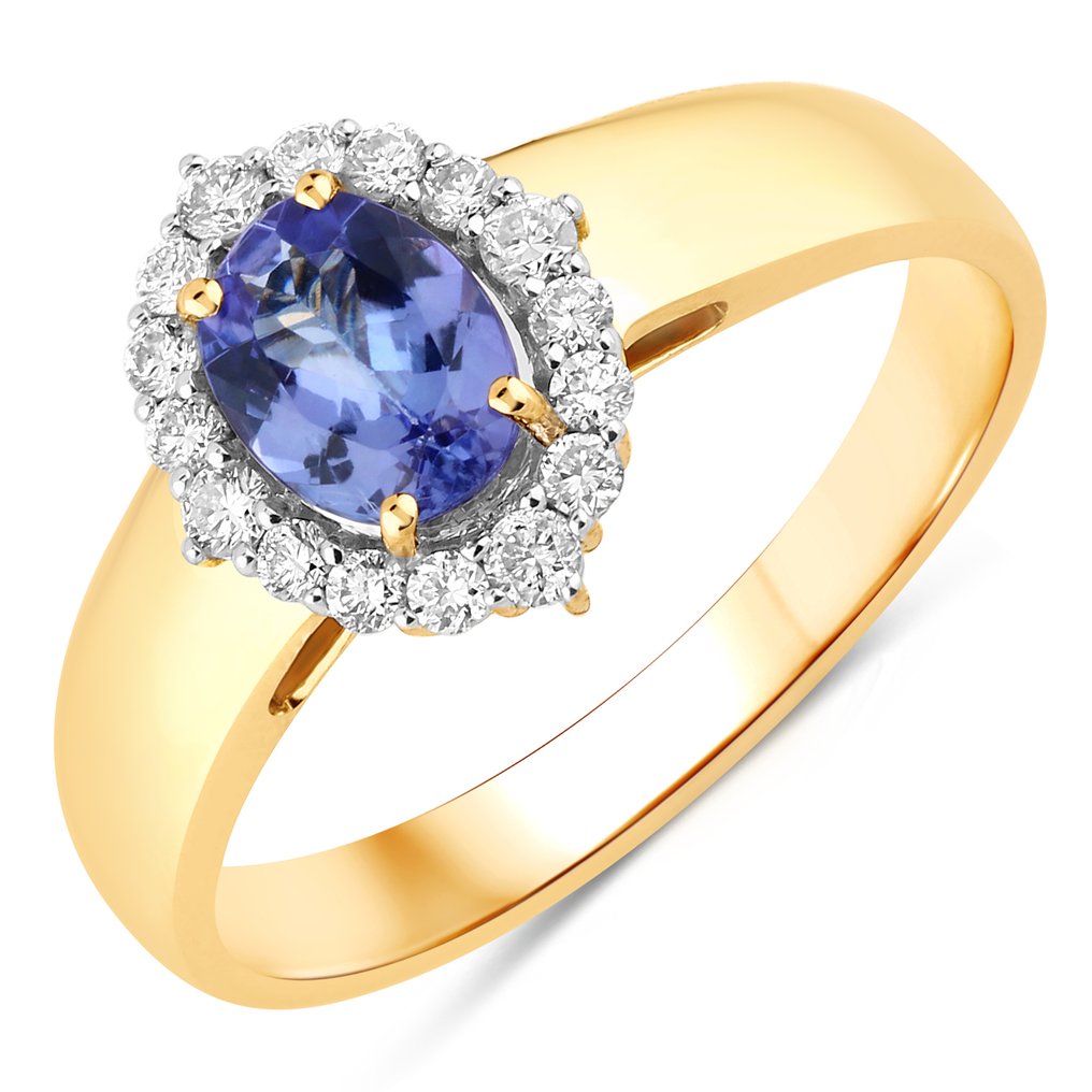 戒指 - 14K包金 黄金 -  0.99ct. tw. 坦桑石 - 钻石 #1.0