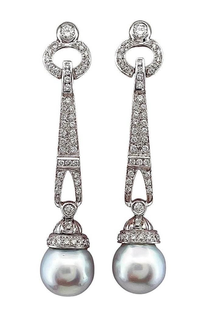 耳环 - 18K包金 黄金, 白金 钻石 (天然) - 珍珠 #1.0