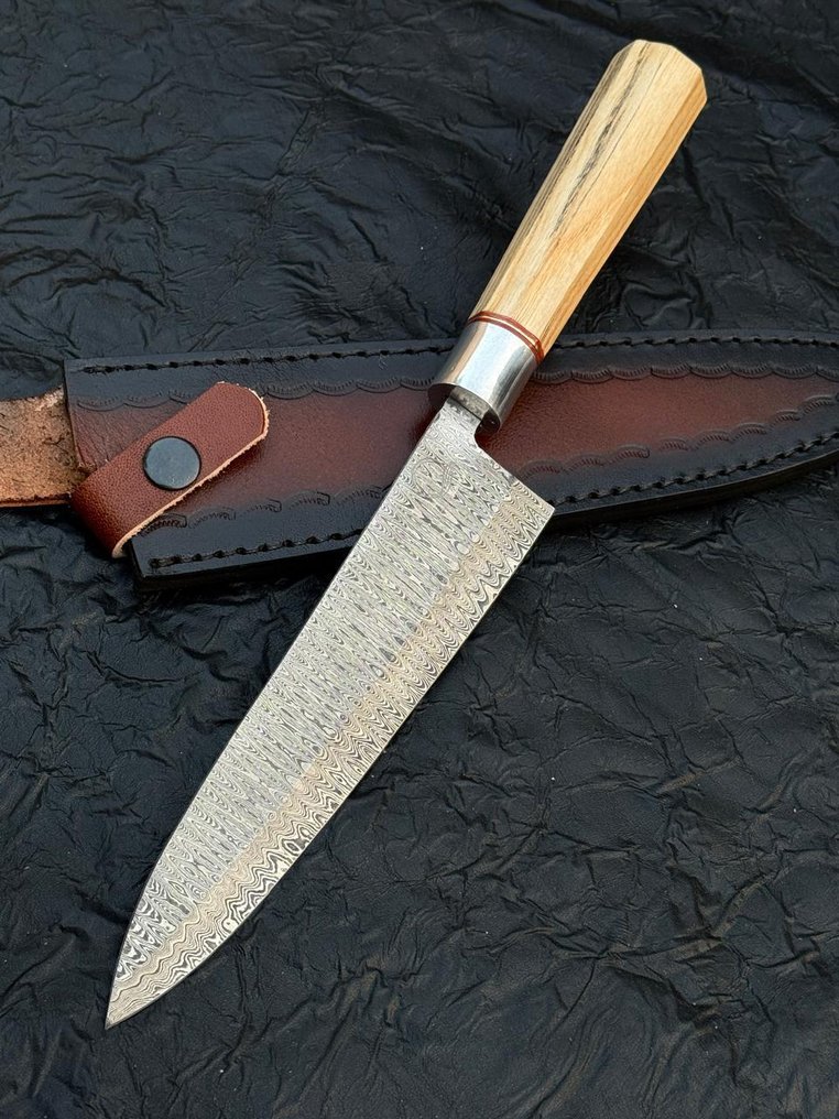 厨刀 -  厨房刀具 - 大马士革梯子，厨师刀银色保护器，配ASH木柄 - 亚洲 - 木头 - 亚洲 #1.0