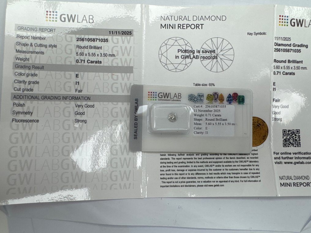 沒有保留價 - 1 pcs 鑽石 (天然) - 0.71 ct - 圓形 - E(近乎完全無色) - I1 - Gemewizard Gemological Laboratory (GWLab) #2.1