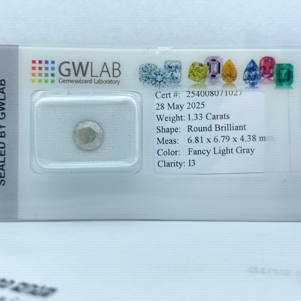 No Reserve Price - 1 pcs Diamond  (Natural coloured)  - 1.33 ct - Round - Fancy light Grey - I3 - Gemewizard Gemological Laboratory (GWLab) #1.0