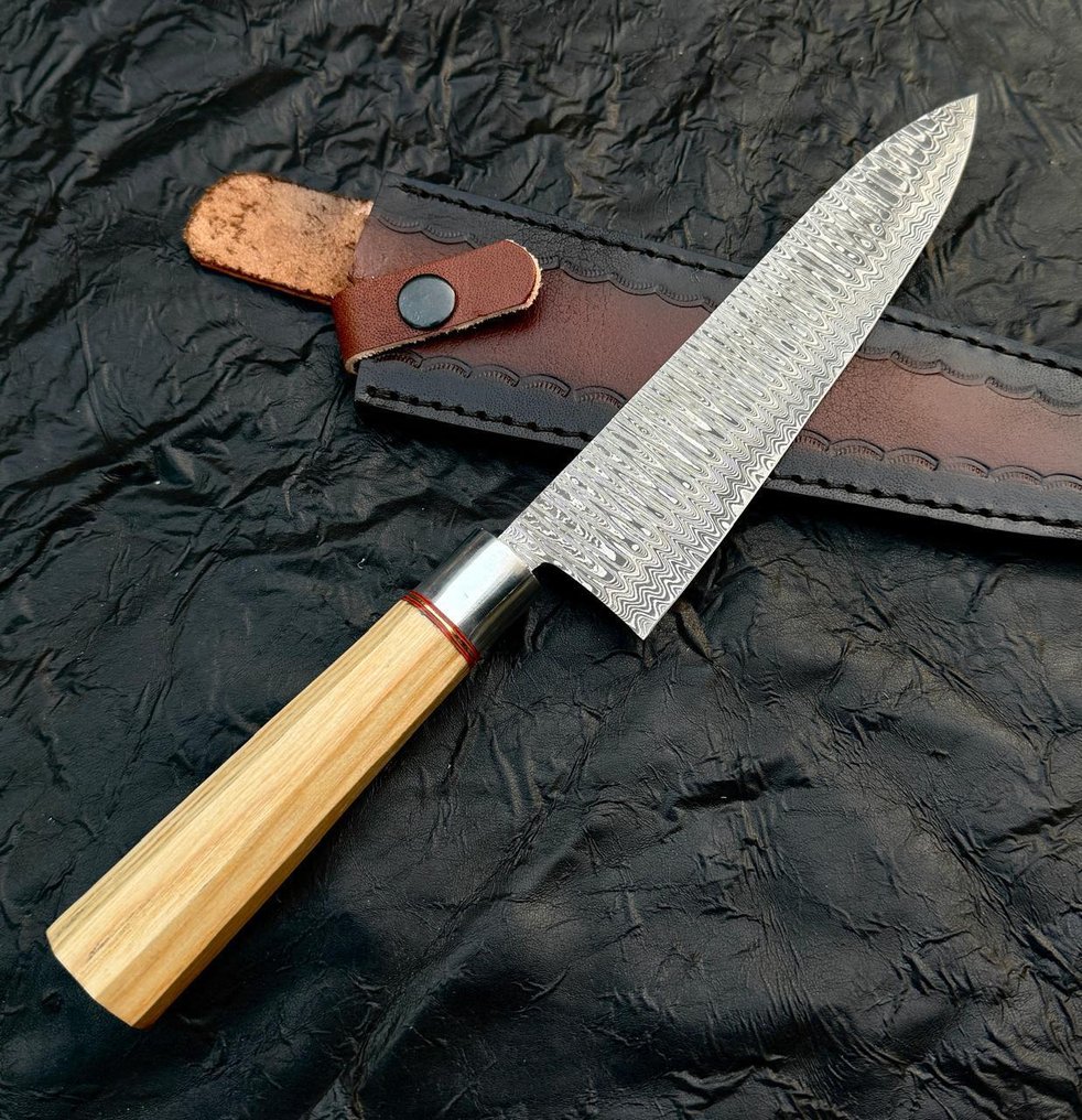 厨刀 -  厨房刀具 - 大马士革梯子，厨师刀银色保护器，配ASH木柄 - 亚洲 - 木头 - 亚洲 #1.0