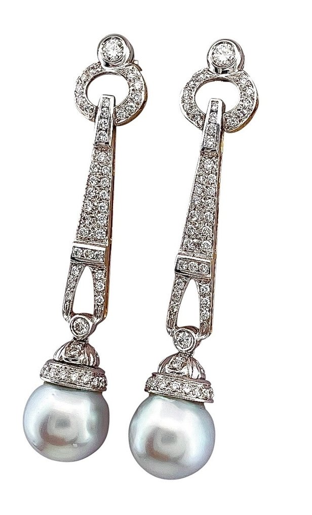 耳环 - 18K包金 黄金, 白金 钻石 (天然) - 珍珠 #2.1