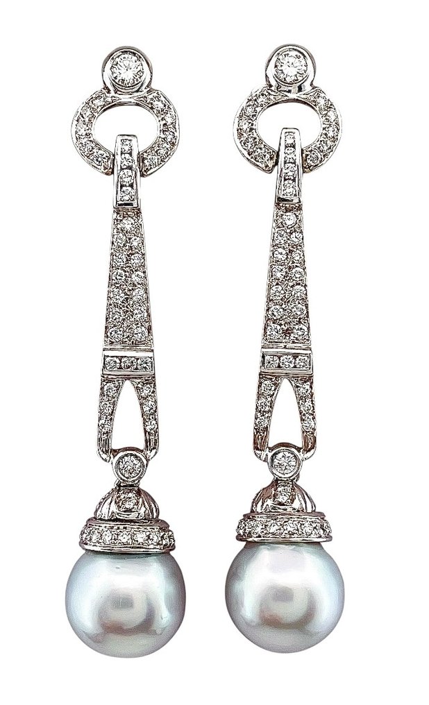 耳环 - 18K包金 黄金, 白金 钻石 (天然) - 珍珠 #1.0