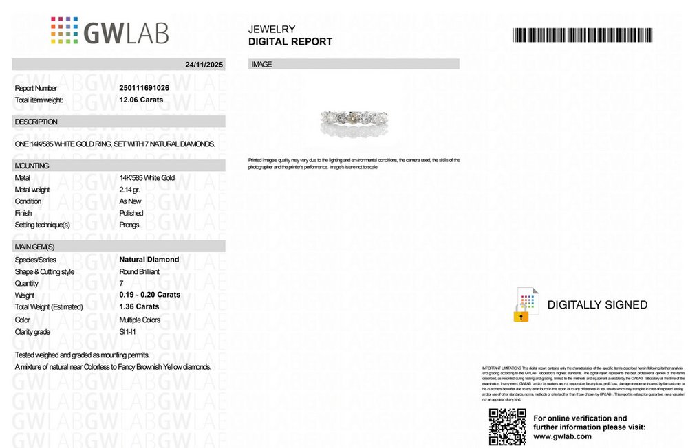 没有保留价 - 戒指 - 14K包金 白金 -  1.36ct. tw. 钻石 (天然色彩的) - GWLab #2.1