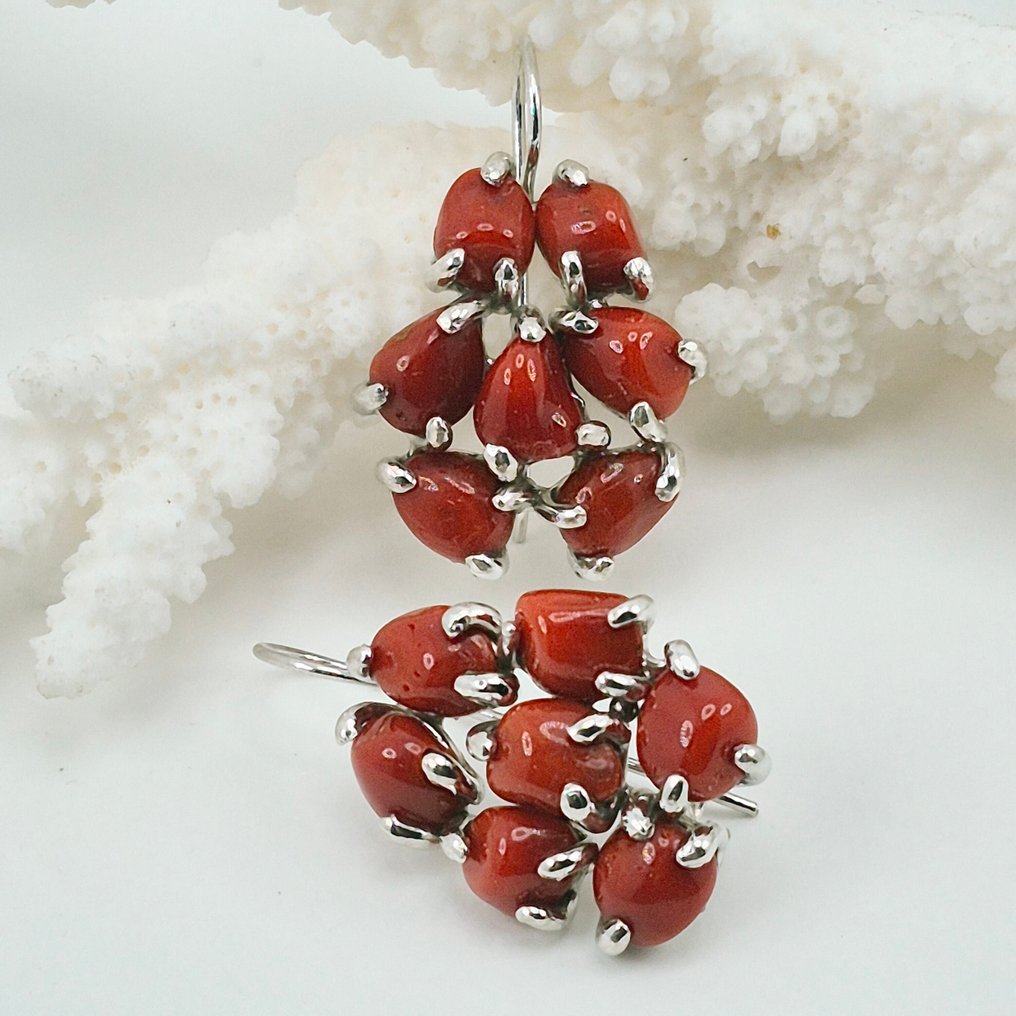 Κοράλλι αίματος - Ασημί - Σκουλαρίκια - CORALLO MEDITERRANEO #1.0