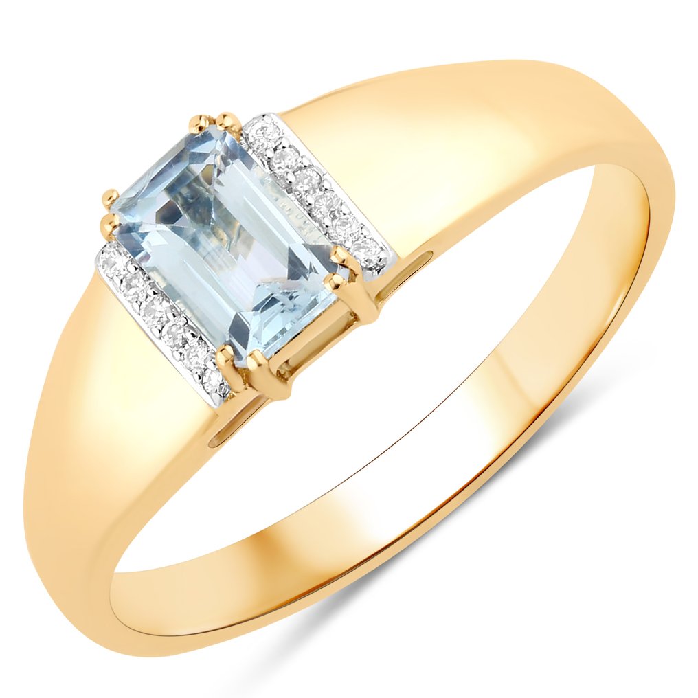 戒指 - 14 克拉 黃金 - 0.61ct. tw. 海藍寶石 - 鉆石 #1.0