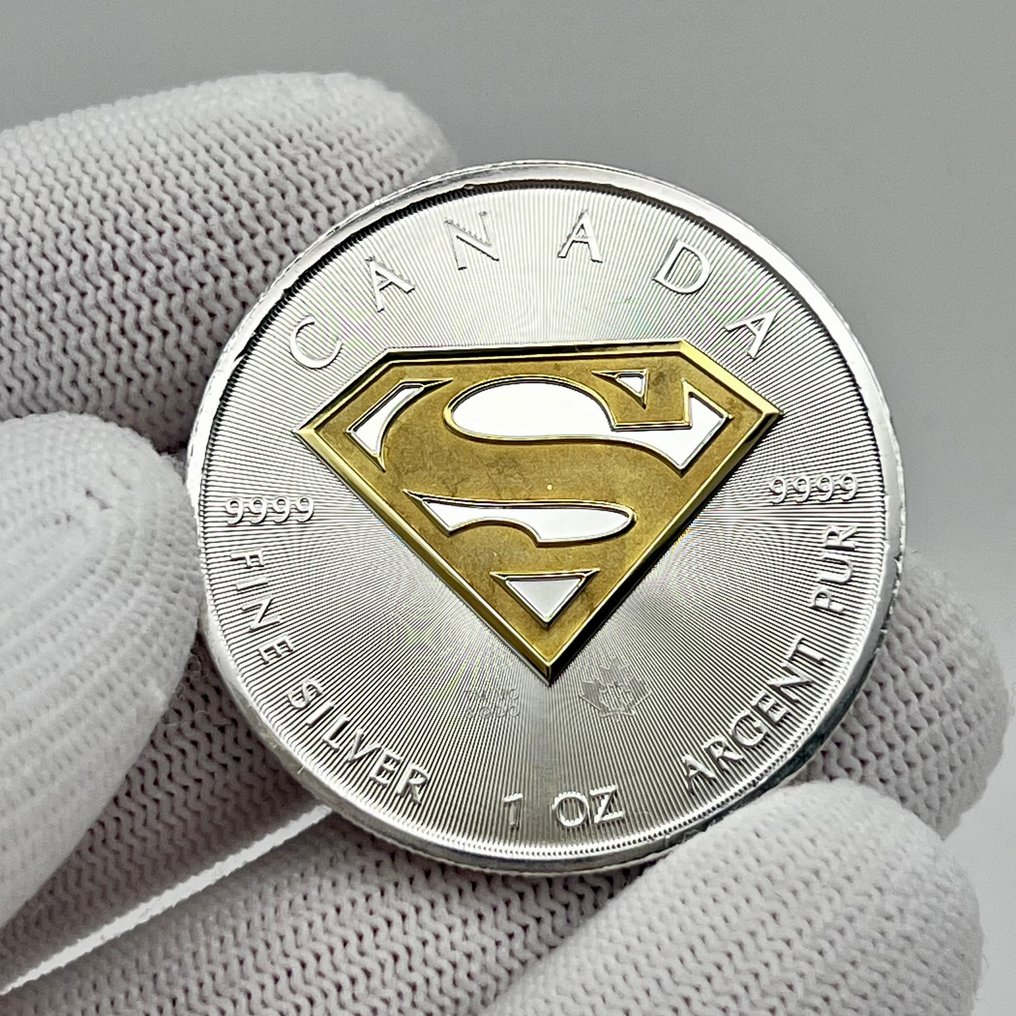 Canada. 5 Dollars 2016 – “S de Superman” – 1 oz Silver Coin – .9999 Fine – Gilded – BU/Specimen  (Ingen mindstepris) #1.0