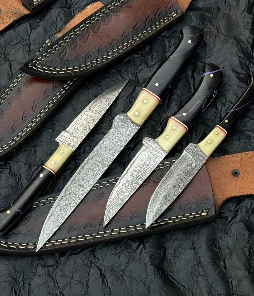 厨刀 - 厨房刀具 - 手工刀片,4件套大马士革梯形锻造刀,Risen手柄。 - 木头 - 亚洲 #4.3