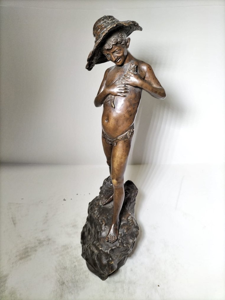 Dal modello di Giovanni Varlese (1822-1922) - Γλυπτό, Pescatorello - 36.5 cm - Μπρούντζος #4.3