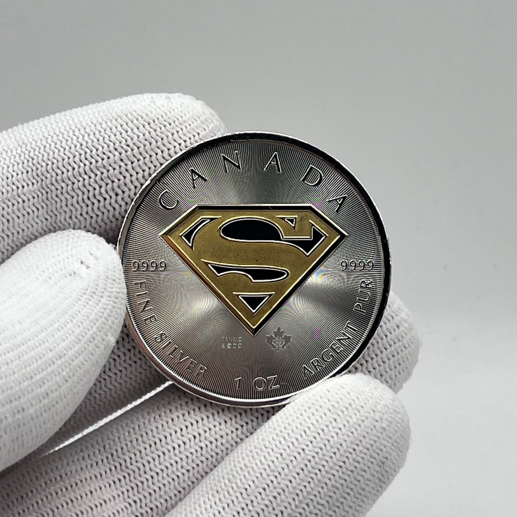 Canada. 5 Dollars 2016 – “S de Superman” – 1 oz Silver Coin – .9999 Fine – Gilded – BU/Specimen  (Ingen mindstepris) #2.1