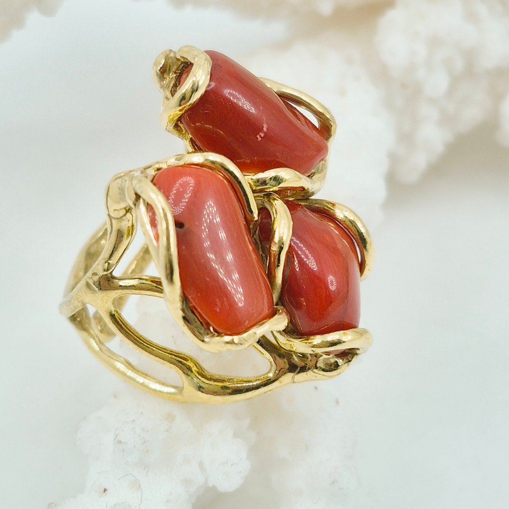 Κοράλλι αίματος - Ασημί, Gold-plated - Δαχτυλίδι - CORALLO MEDITERRANEO #3.2