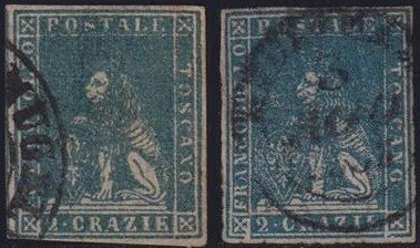 Αρχαία ιταλικά κράτη -  Τοσκάνη 1857 - II^ Em. 2 cr. x 2 es. διαφόρων αποχρώσεων Sass 13-13a, καλά περιγεγραμμένα, χρησιμοποιημένα, #1.0