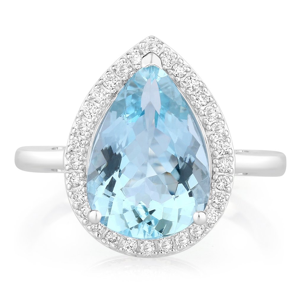 戒指 - 14K包金 白金 -  3.13ct. tw. 海蓝宝石 - 钻石 #1.0