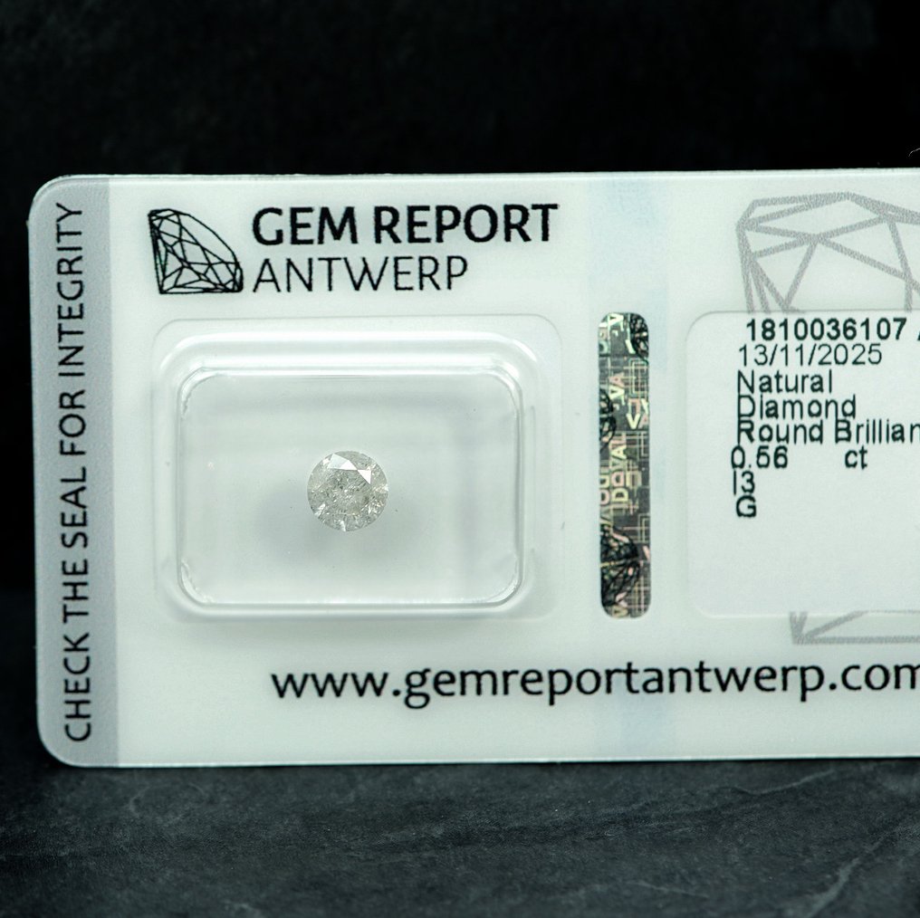 Ei pohjahintaa - 1 pcs Timantti (Luonnollinen) - 0.56 ct - Pyöreä - I3 - Jalokivitodistus, Antwerpen (GRA) #3.2
